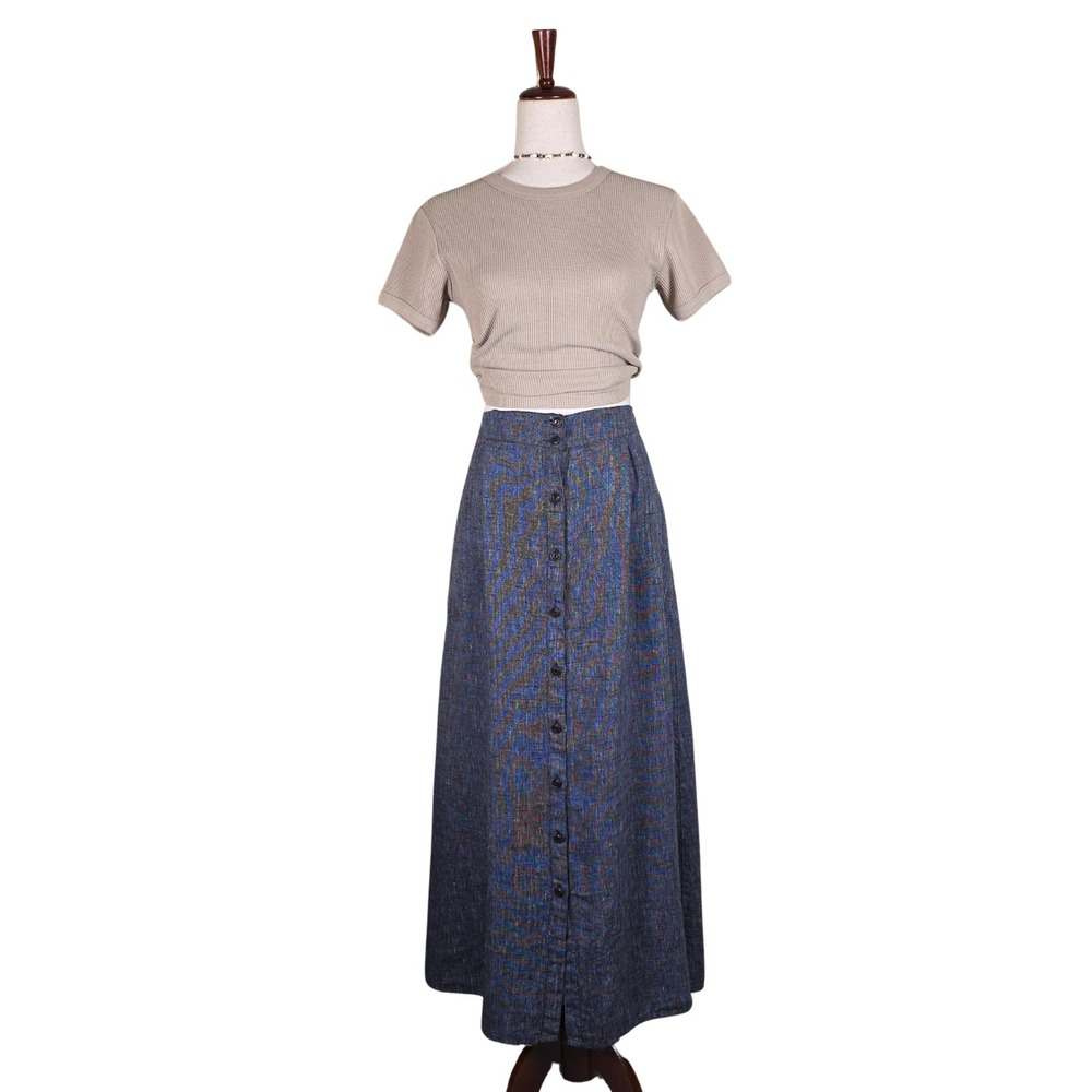 Vintage FLAX by Jeanne Engelhart Maxi Skirt L Linen Blue Button Front Lagenlook - Picture 3 of 15